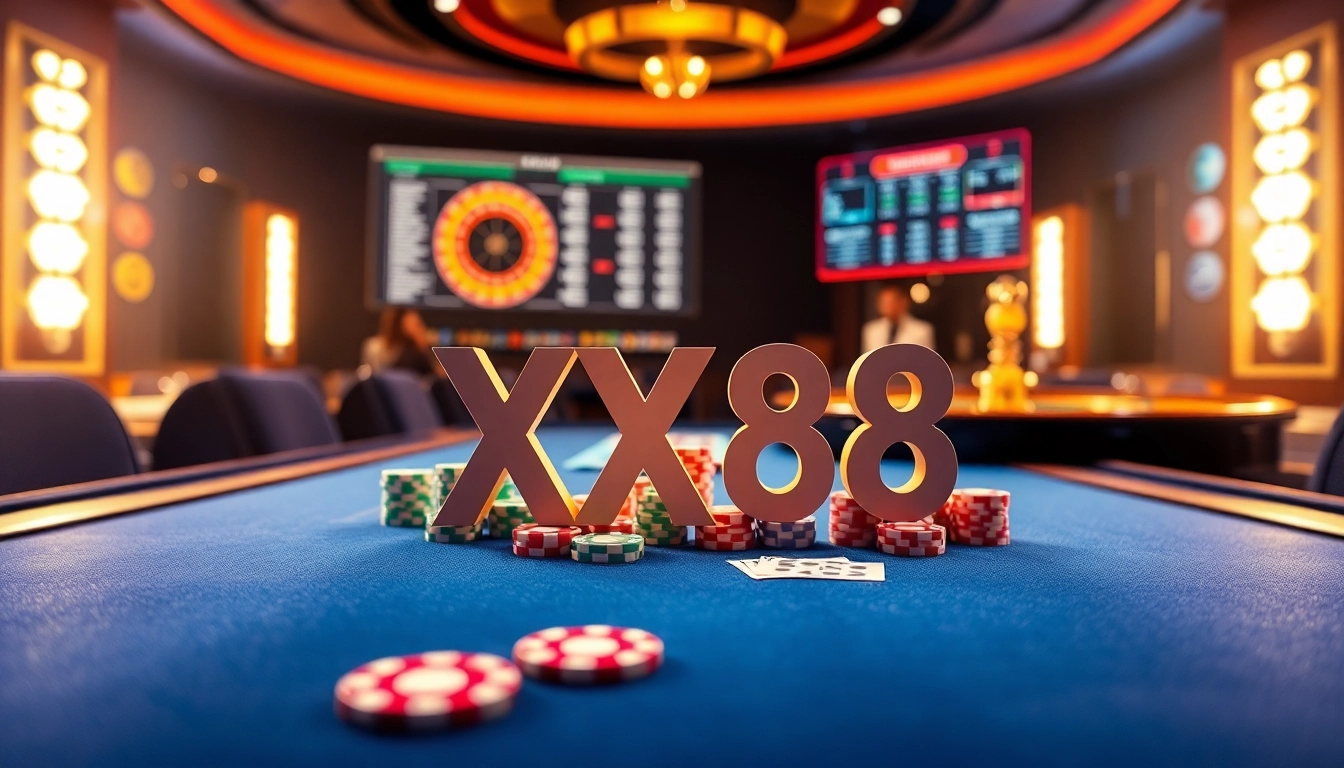 Experience the thrill of gambling with XX88's online casino featuring vibrant poker chips and dynamic betting interfaces.