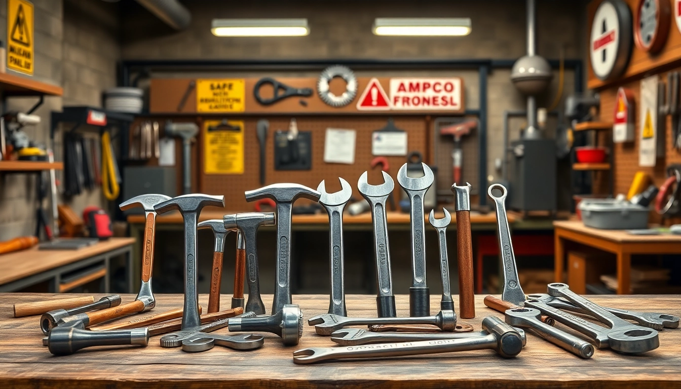 A collection of AMPCO safety tools showcasing non-sparking features in a professional workshop environment.