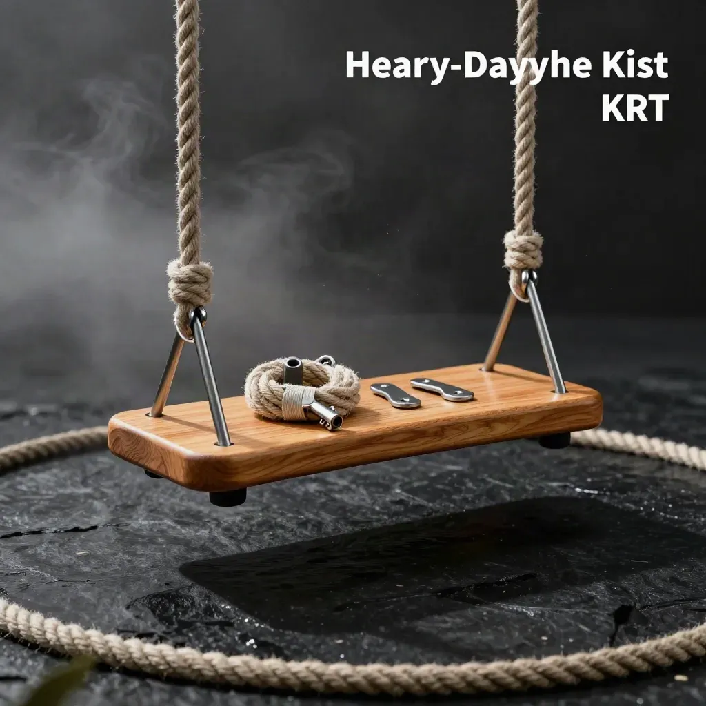 Cedar tree swing kit with ropes, steel hardware, and safety strap on a dark studio surface.