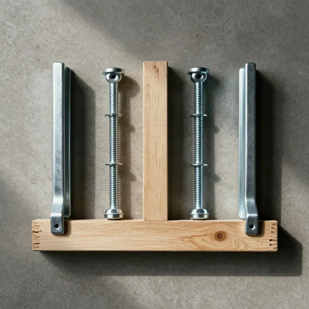 Overhead flatlay of galvanized swing hanger brackets, bolts, washers, and a weathered beam offcut.