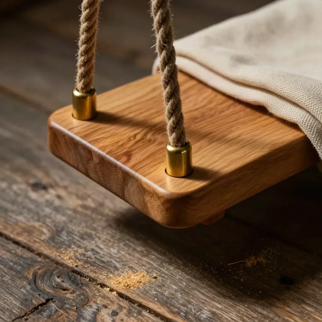 Cedar swing seat macro with rope ends, cloth, and raking light