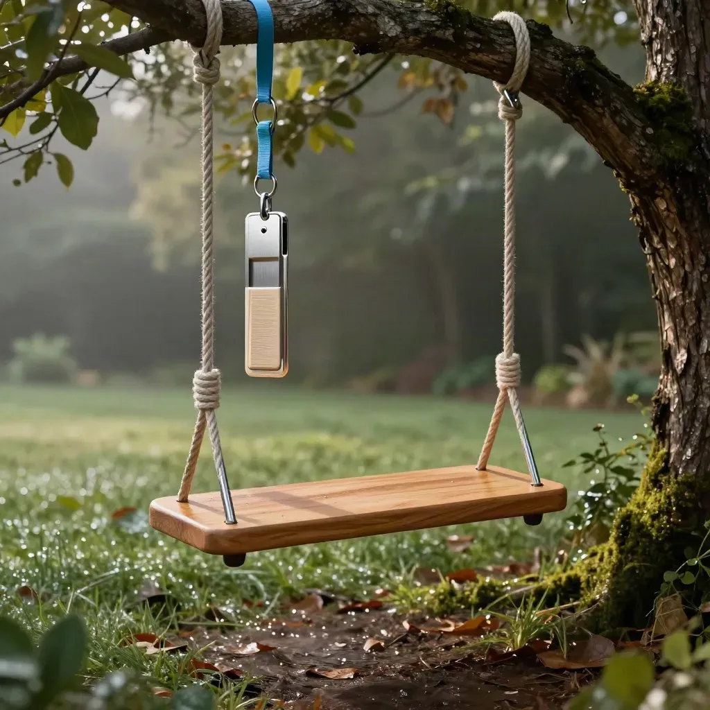Backyard rope swing kit hanging in a damp yard with cedar seat, ropes, and hardware bundle.