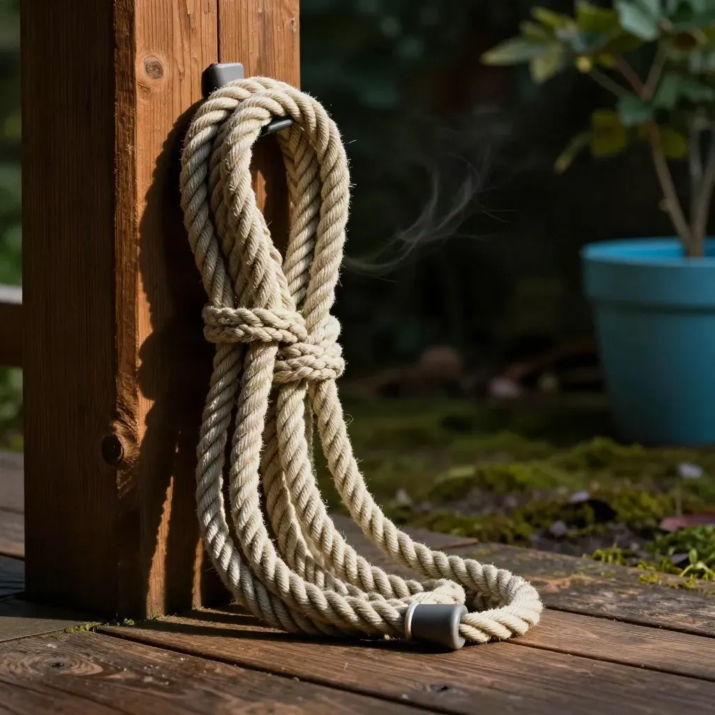 Rope swing replacement rope pair draped on cedar post in a shaded backyard corner