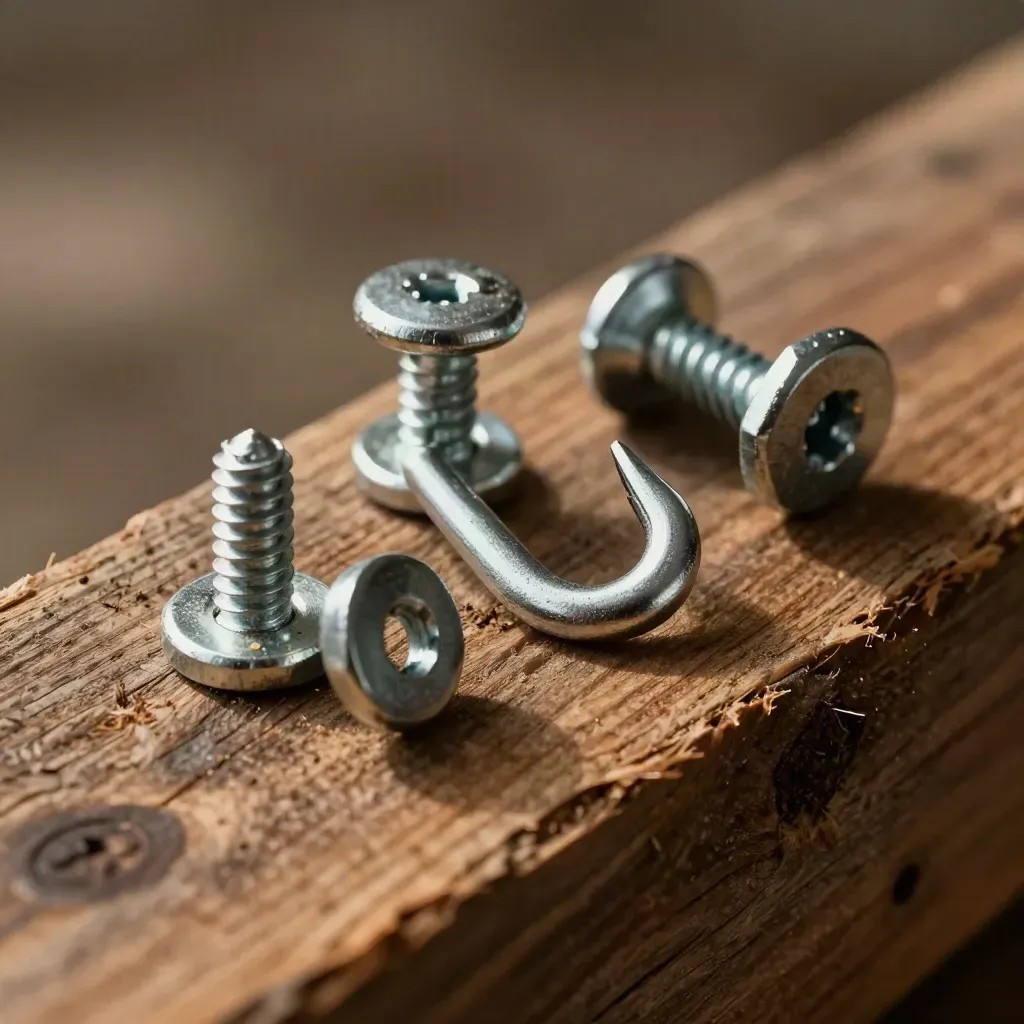 Macro of galvanized swing hooks and hardware set into rough timber grain under raking light.