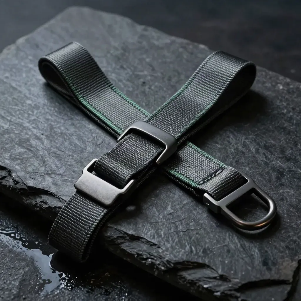 Taut safety straps cross a dark stone step in a dramatic low-angle product shot.