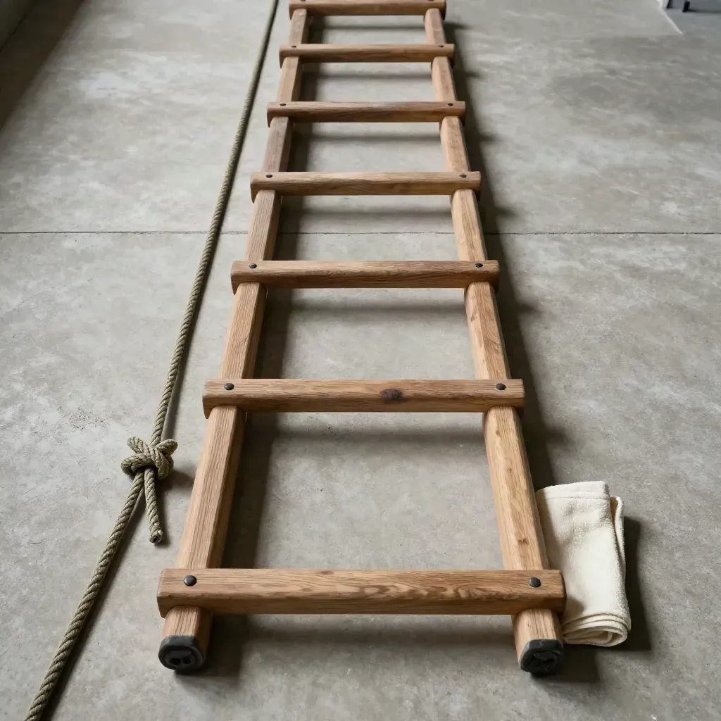 Climbing rope ladder, knots, and folded cloth arranged in a precise overhead flatlay on pale concrete.