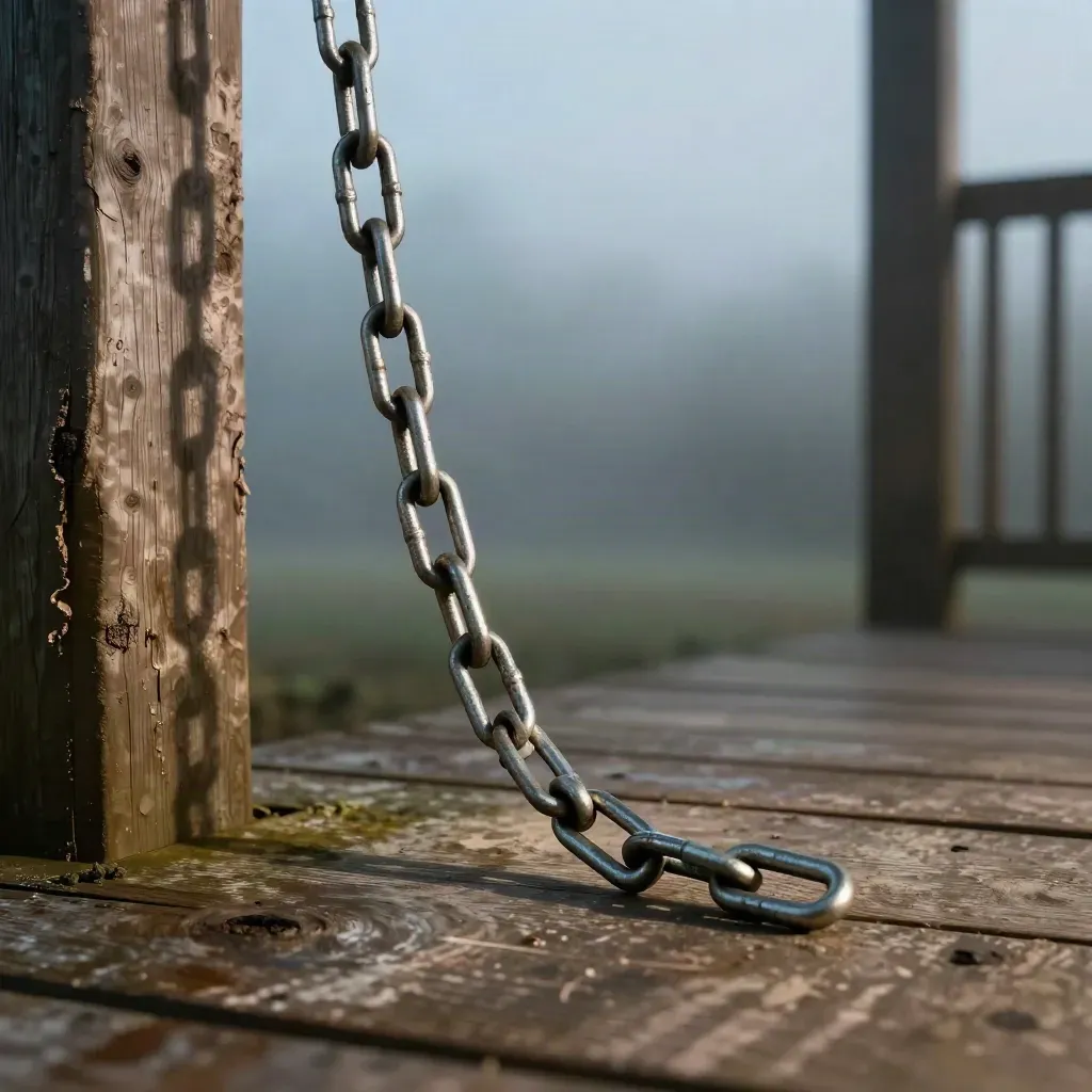 Galvanized swing chain set draped on a weathered porch plank beside rough bark