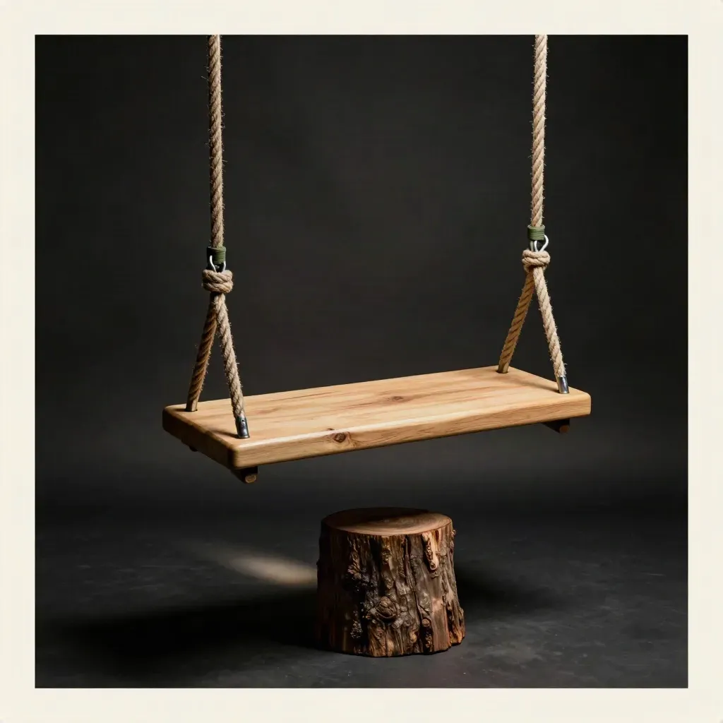 Tree swing kit bundle on a stump with ropes, hangers, and a cedar seat in dramatic studio light.