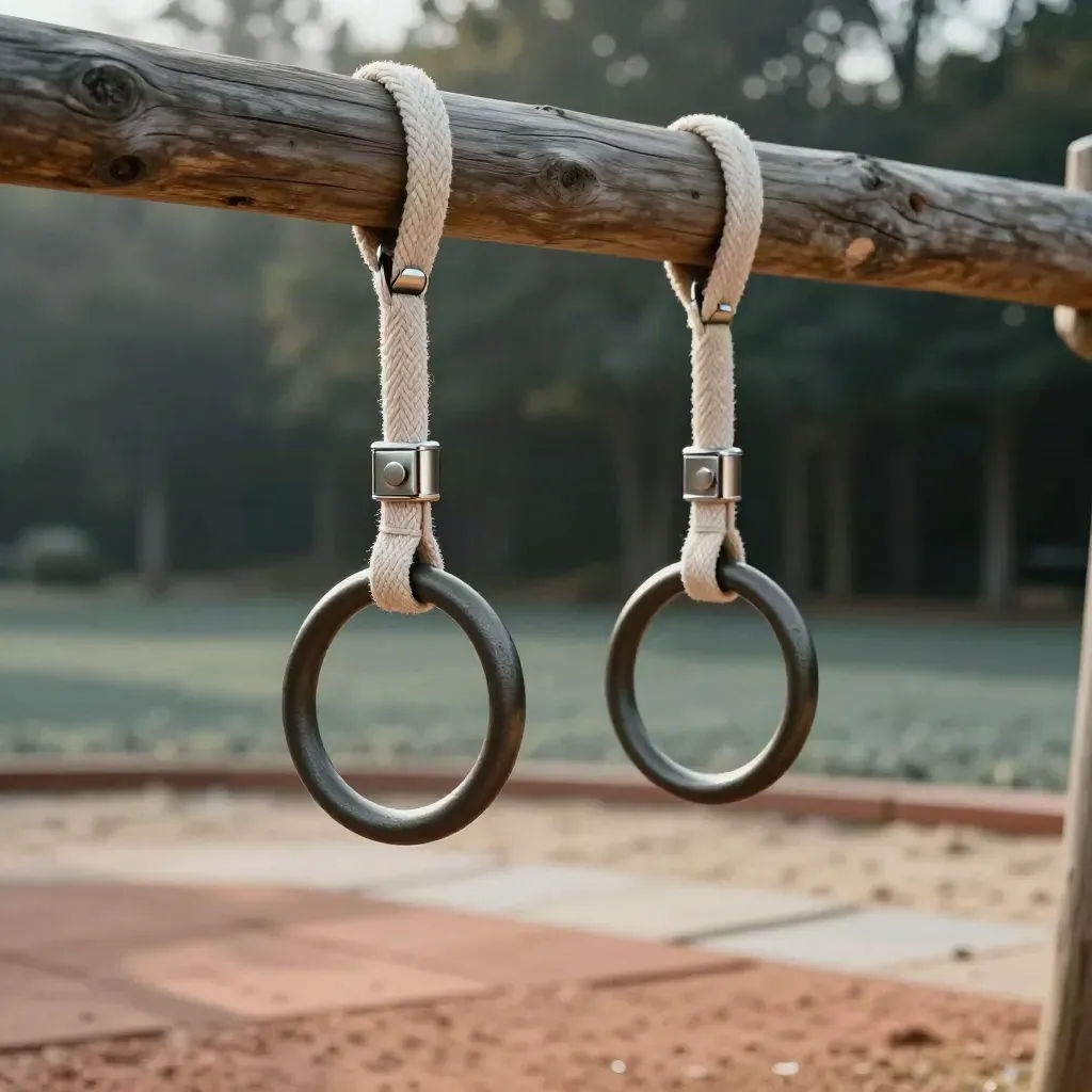 Pair of matte monkey bar rings with cream straps and hardware hanging in a backyard
