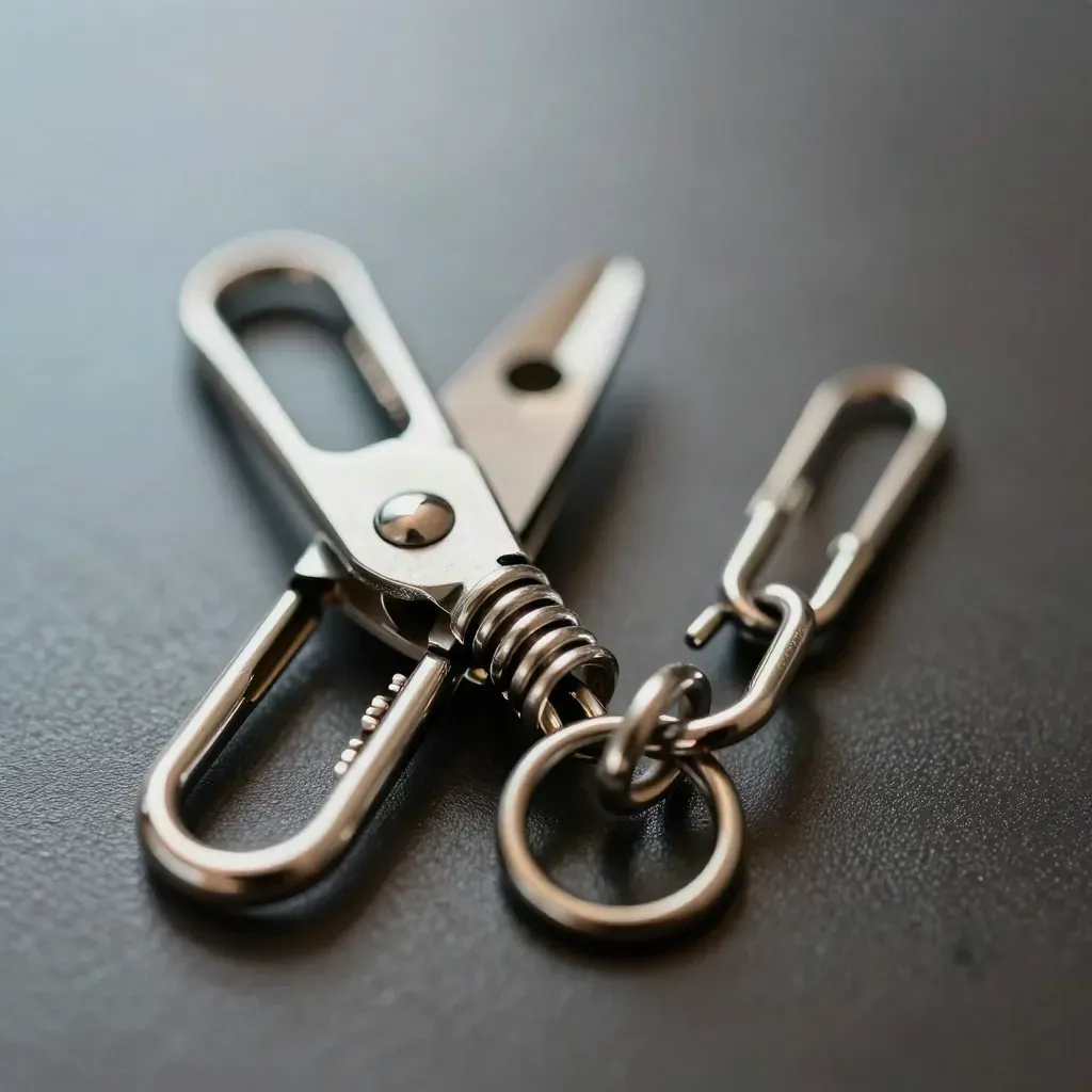 Two spring clips with chain and keeper ring sparkling on a neutral metal surface.