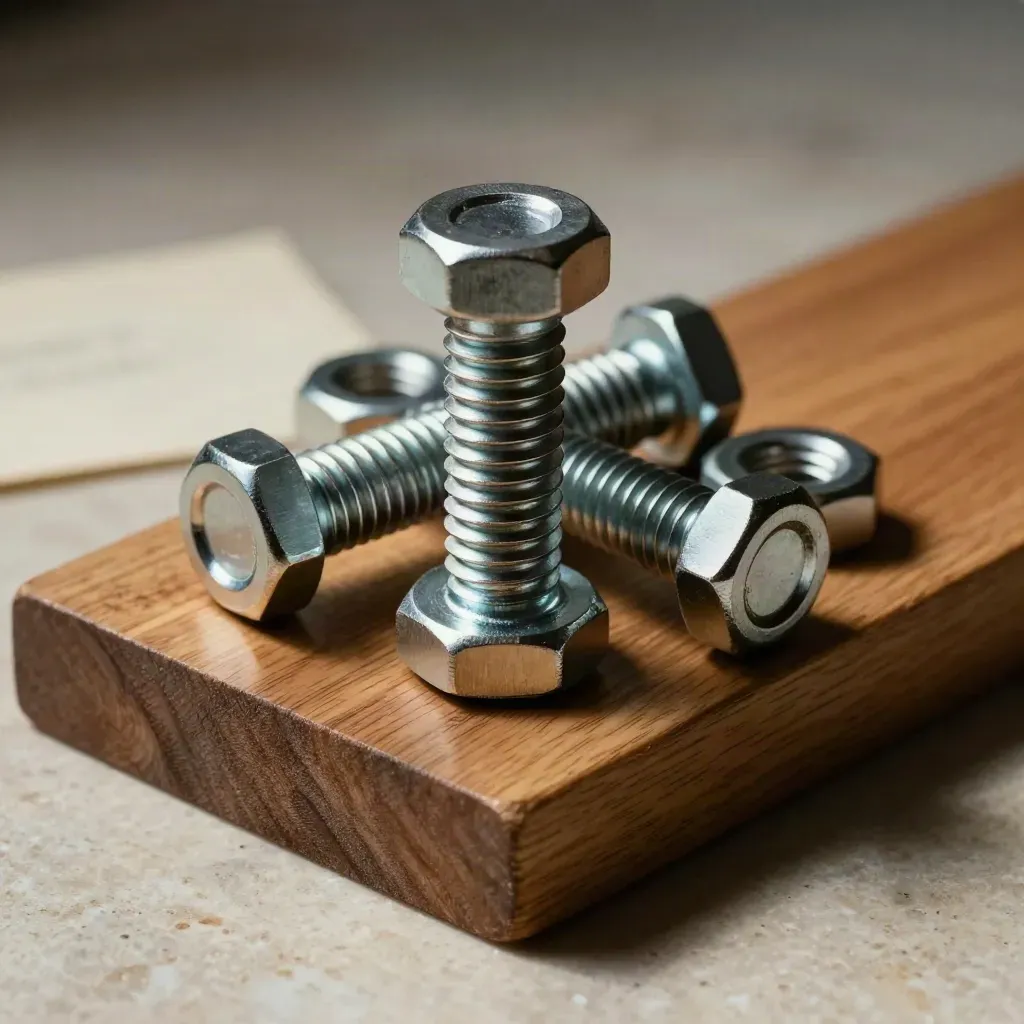 Macro hero of four galvanized eye bolts with nuts and washers on wood and stone.