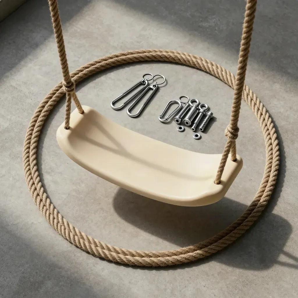 Overhead flatlay of swing seat, ropes, hangers, and hardware on concrete