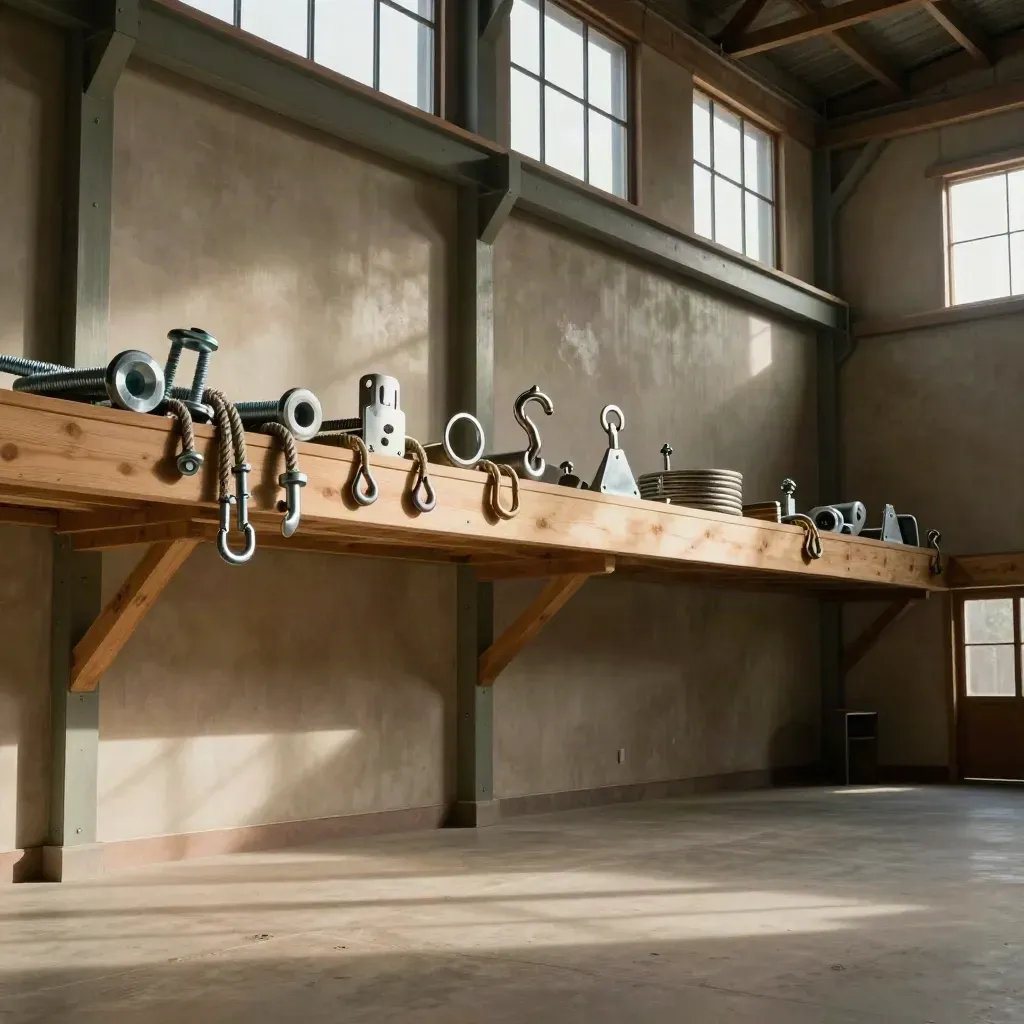 Barn workshop with stacked swing hardware on timber and a calm concrete floor.