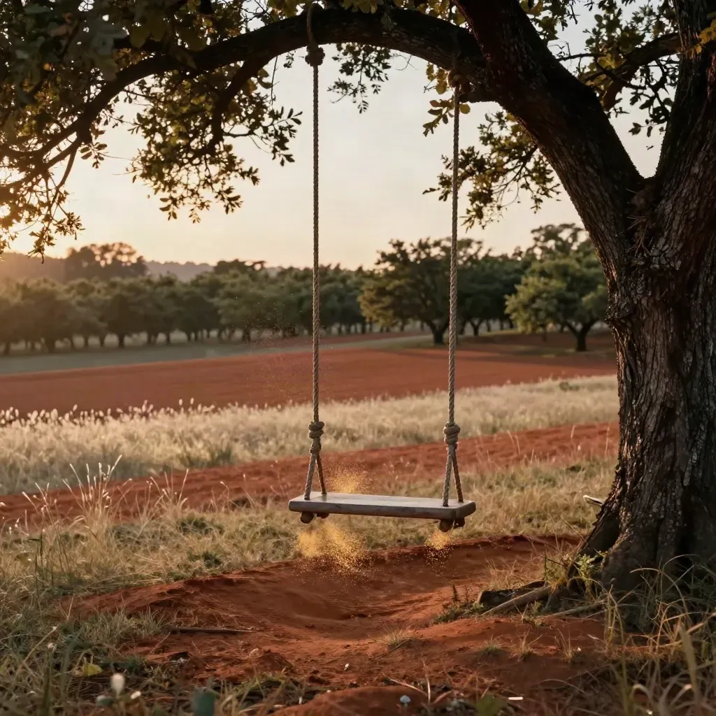 Golden orchard edge with a tree swing seat suspended high above a grassy slope at sunset.