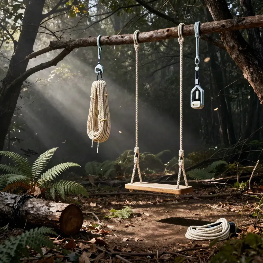 Rope ladder and safety gear in a misty forest clearing beside a fallen log and ferns.