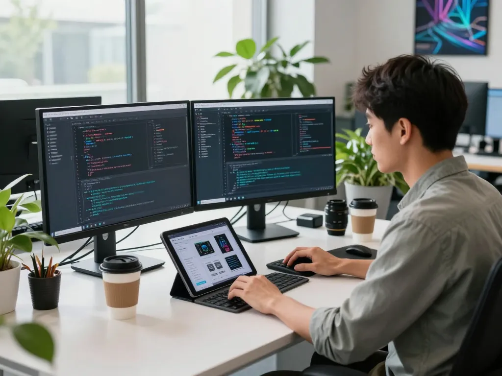 Innovative developer using mind control ai technology on dual screens in a bright office.