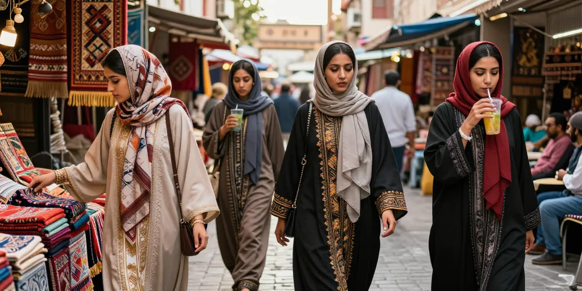 Women in stylish Abayas exploring a vibrant market, showcasing modern fashion.