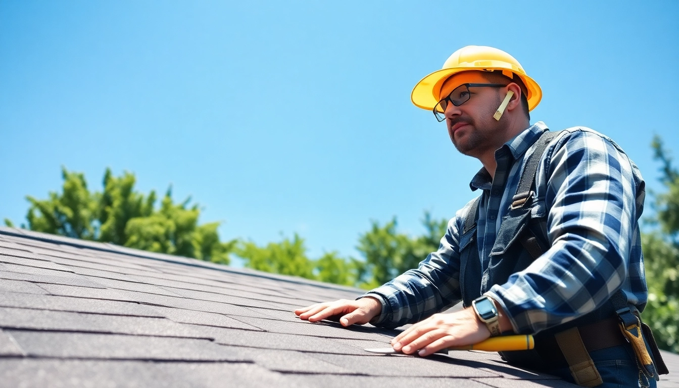 Roofing contractor inspecting a roof with tools, showcasing professionalism and expertise in the field.