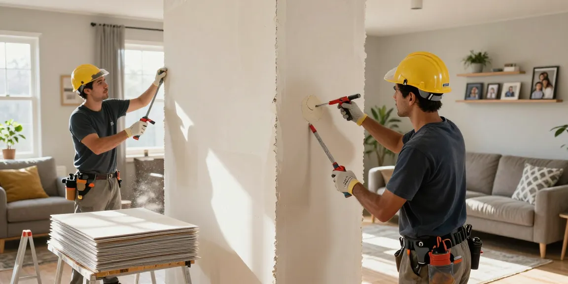 HubPro drywall team expertly repairing a wall in a cozy living room.
