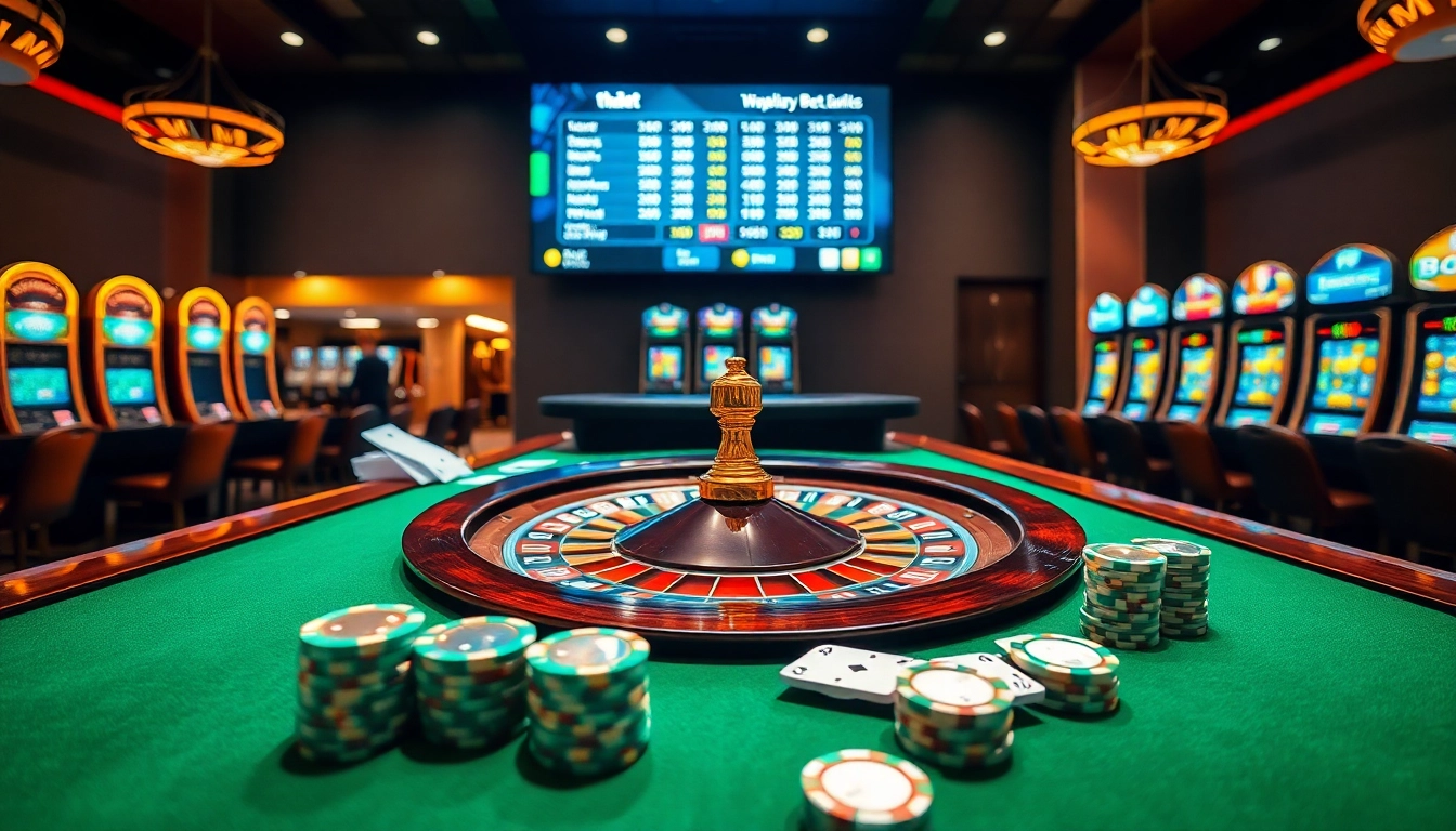 Experience thrilling gameplay at Thabet with vibrant poker chips and a roulette wheel illuminating the casino.
