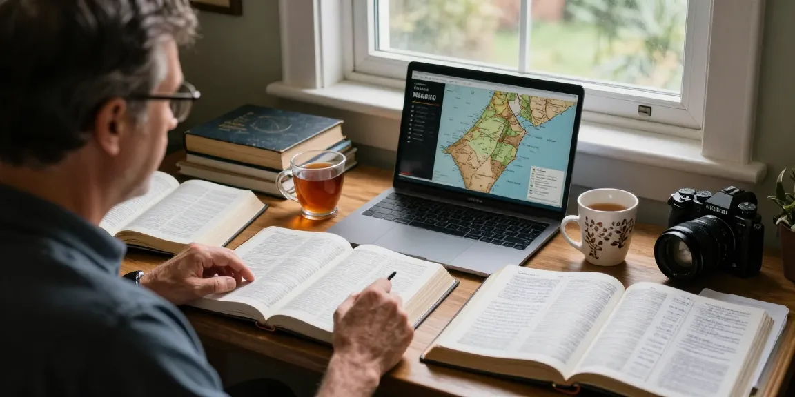 Exploring Armageddon meanings in a cozy study filled with Bibles and biblical texts.