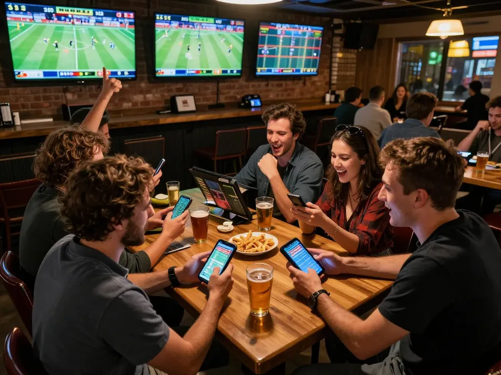 Exciting sports betting scene at a lively bar as friends engage with their mobile devices for mb668 betting.