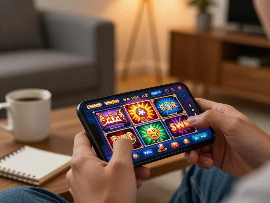 Engaging gameplay on sun win mobile app with vibrant casino elements in a cozy home setting