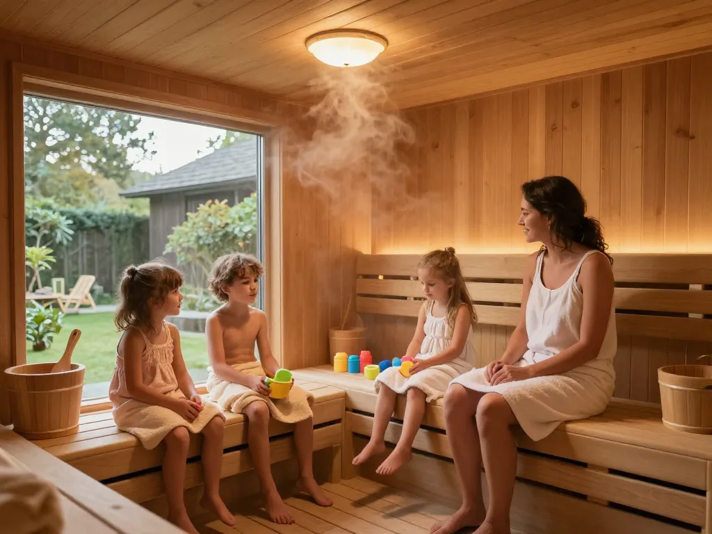 Family enjoying the sauna 3D configurator experience with warm wood interiors and cozy atmosphere.