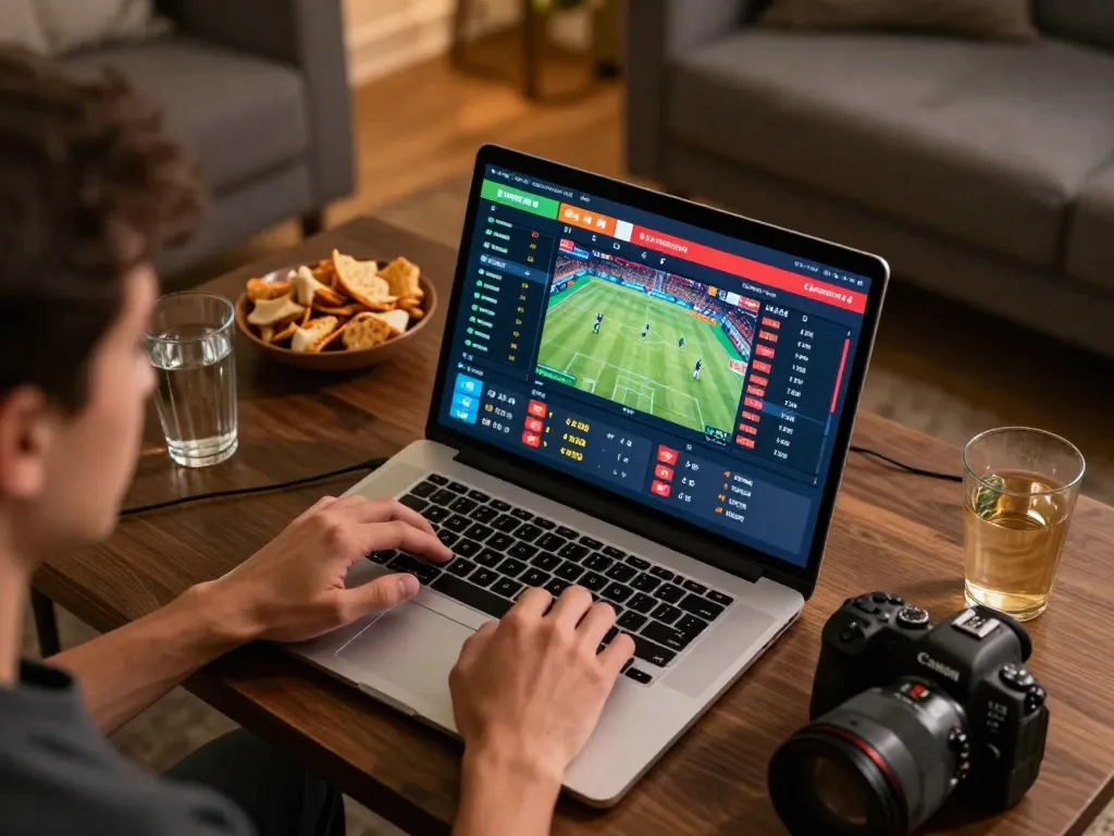 Engaging in sports betting on go88hv.com with a laptop displaying live odds in a cozy home setting.