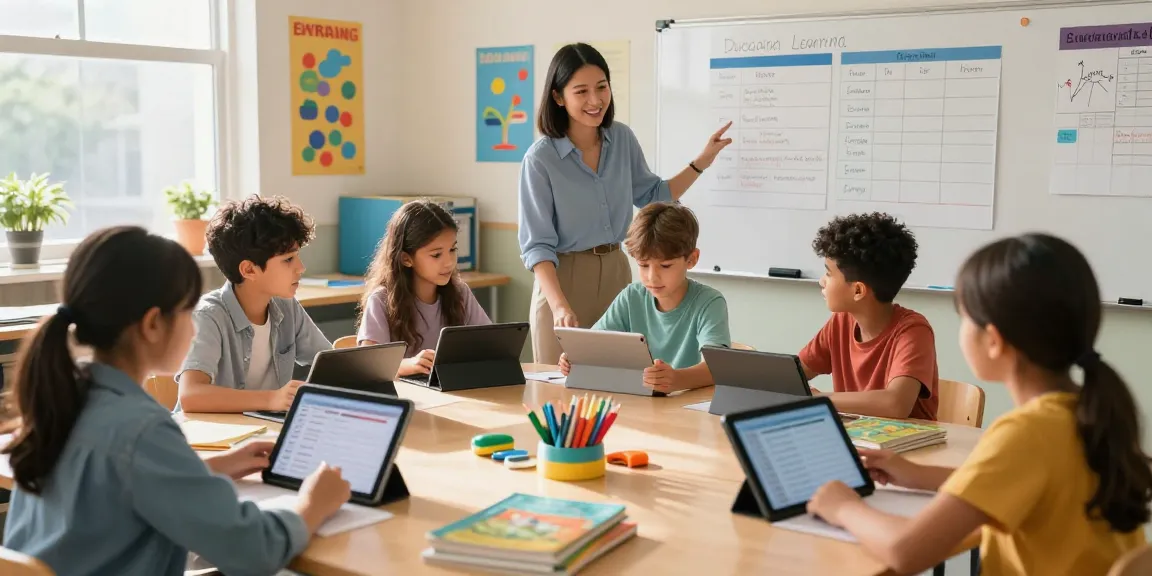 Diverse students actively using a Student Intervention Scheduler on tablets during a collaborative educational session in a bright classroom.