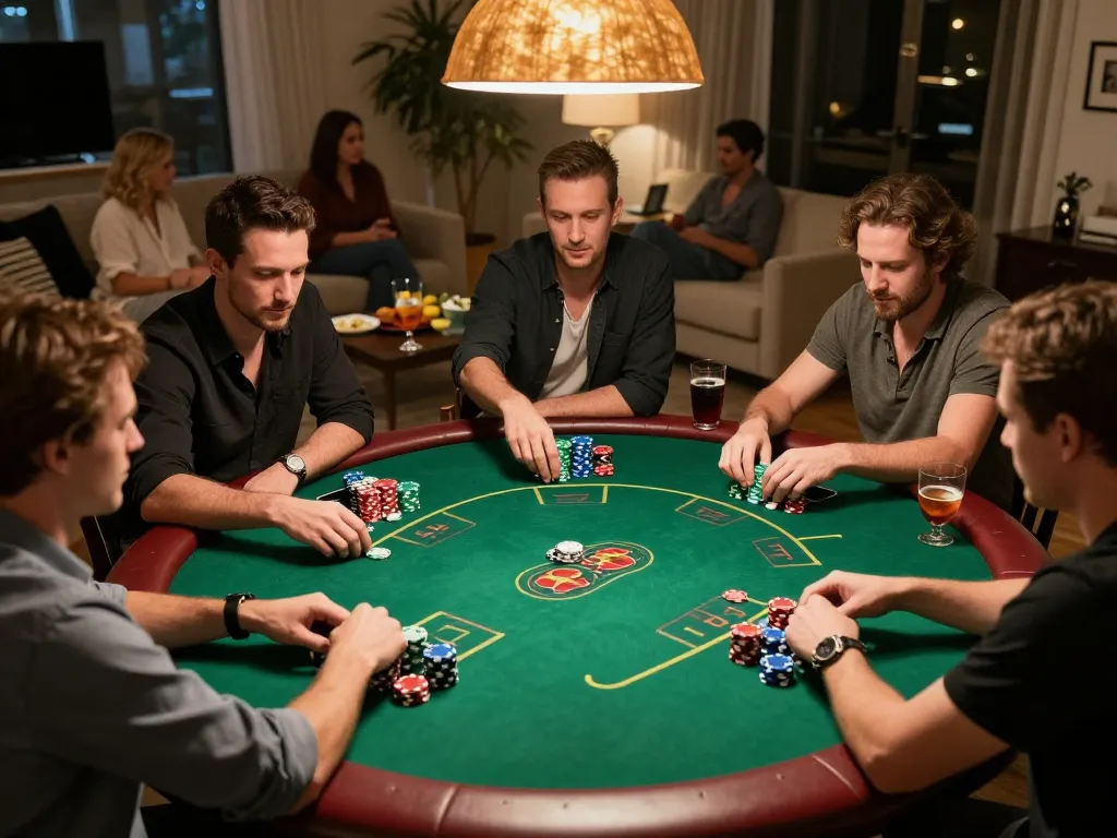 fun88 poker night with friends playing Texas Hold'em and enjoying drinks and snacks