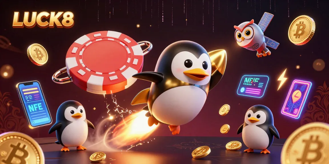 Bet on LUCK8 as the cartoon rocket-powered penguin soars through a vibrant cosmic casino.