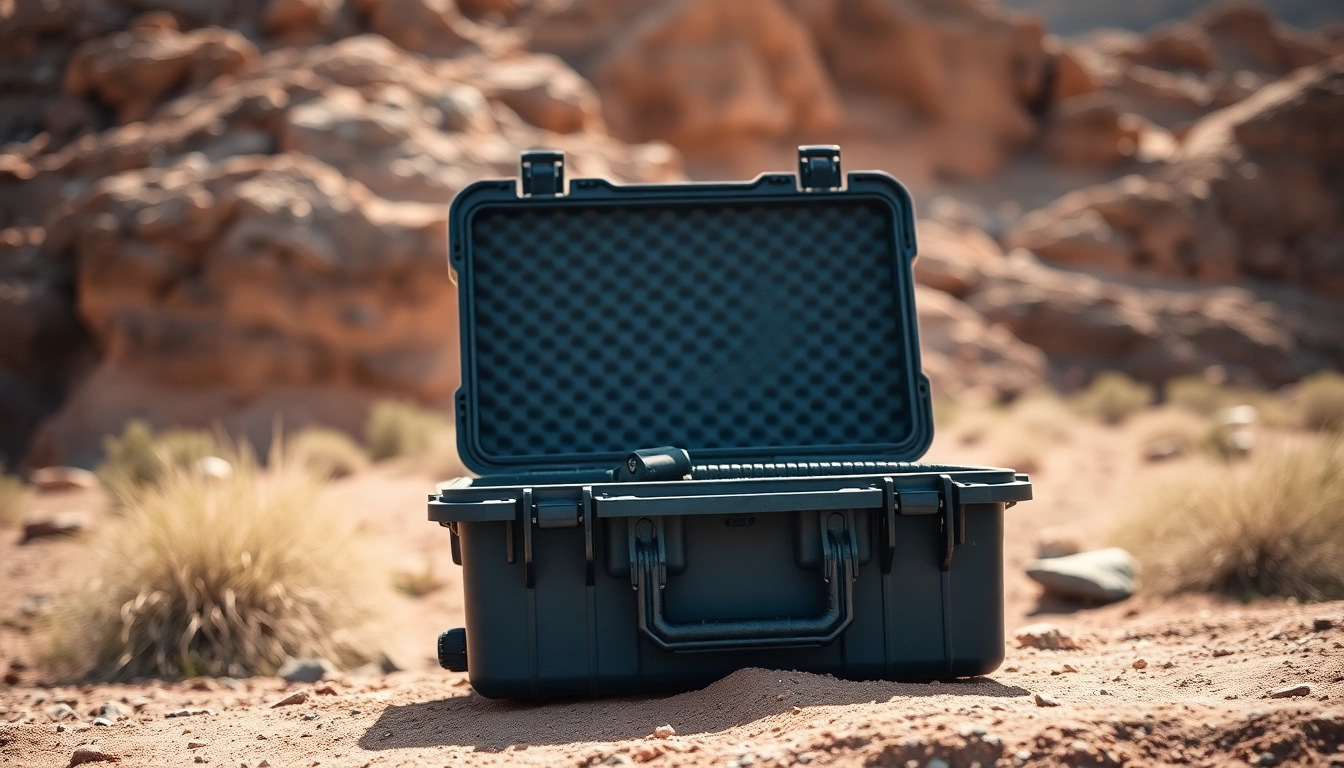 Showcase the pelican gun case for sale, highlighting security and organization in a rugged outdoor setting.