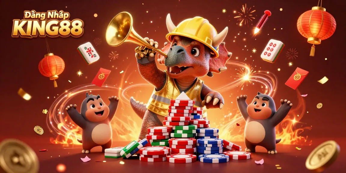 Engage with Đăng Nhập KING88 through vibrant 3D casino-themed celebration featuring animated characters and dynamic game elements.