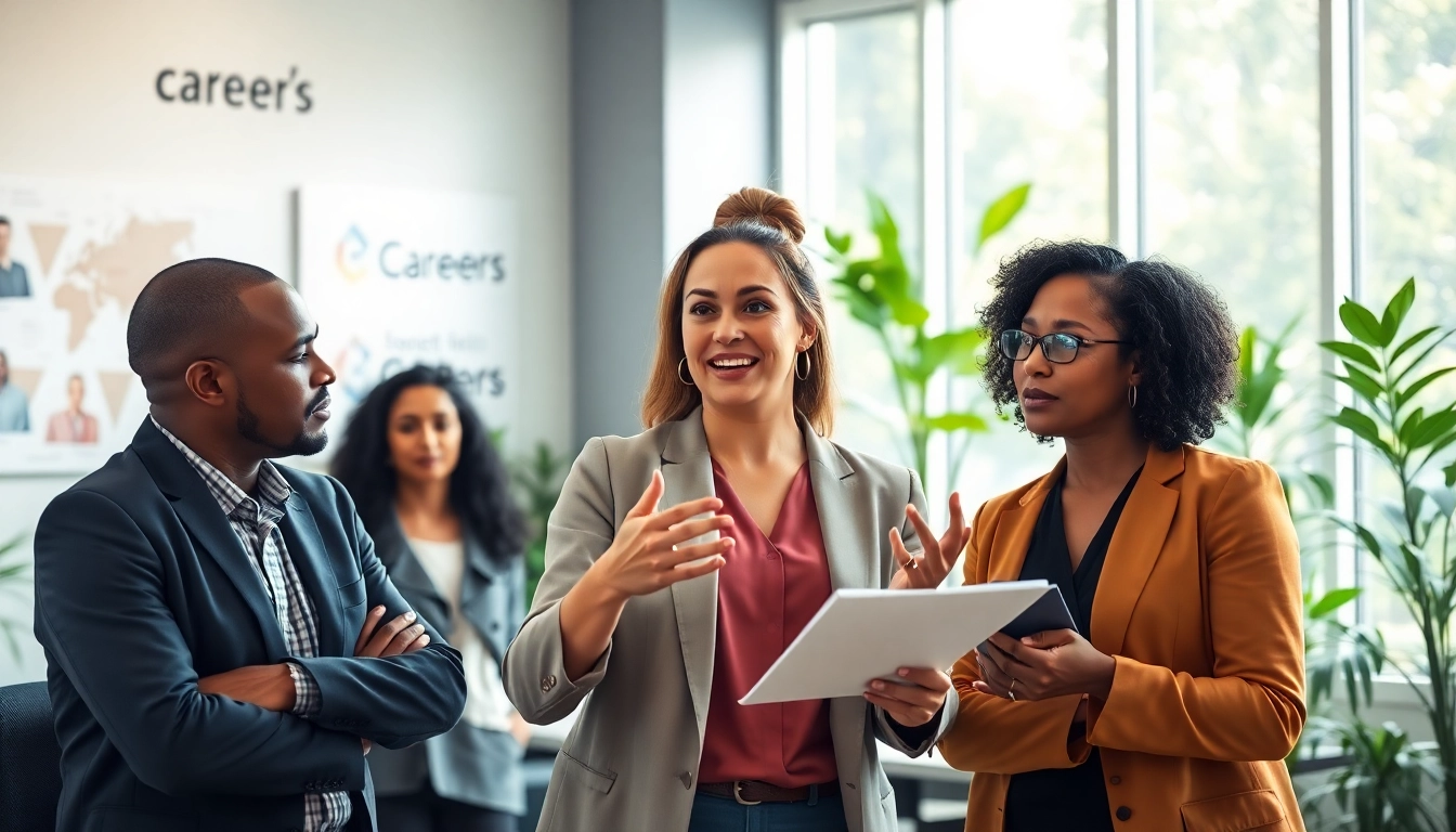 People discussing pathways to achieve an ideal career in a bright office environment