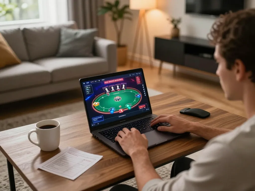 Engaging with online gambling at f168biz.com on a laptop in a cozy home environment, focusing on poker strategy.