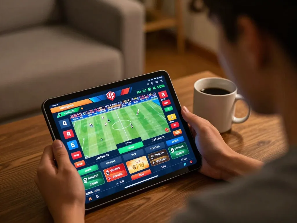 Experience luongson live sports betting on tablet with vibrant interface in cozy home setting