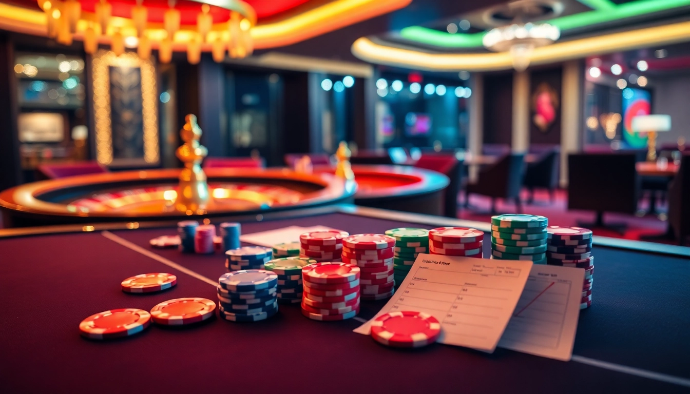 A vibrant casino scene showcasing poker chips and a roulette wheel at https://f168.tools/ exciting gamblers with strategic opportunities.