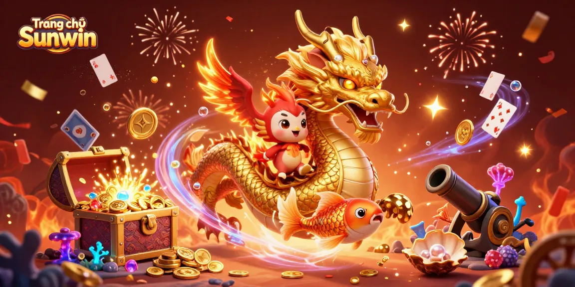 Experience the thrilling world of Trang chủ Sunwin with the golden dragon, phoenix, and koi fish amidst a treasure explosion.