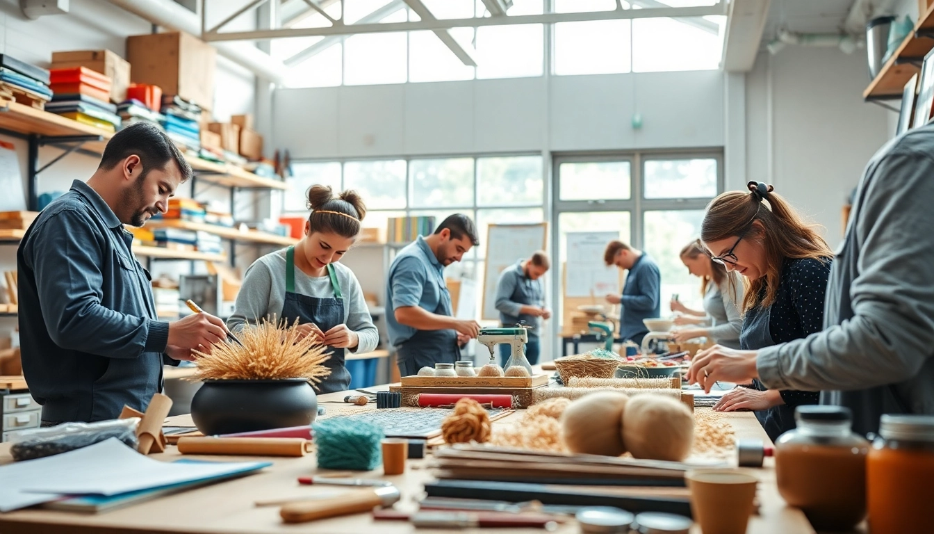Showcasing craft training programs with artisans actively engaged in hands-on activities in a bright workshop.