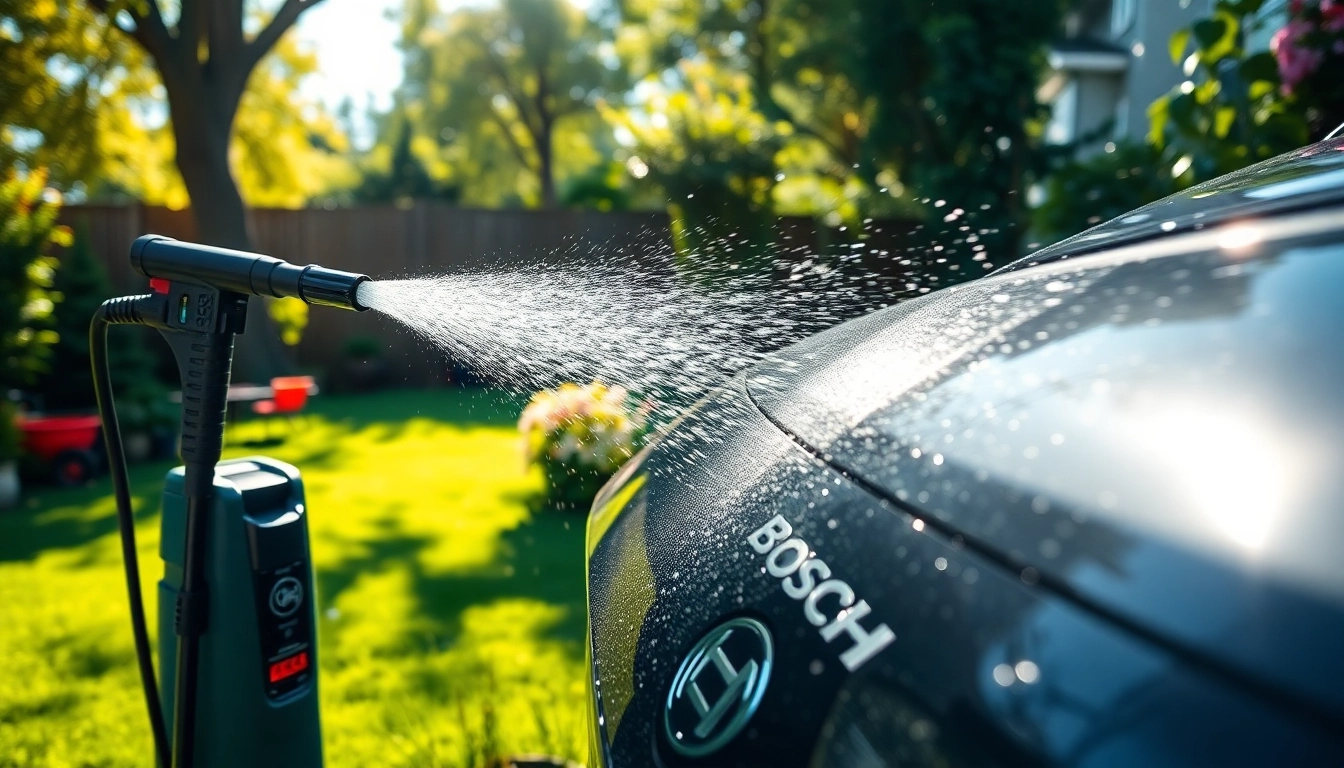 Bosch pressure washer blasting dirt off a car in a sunny backyard.