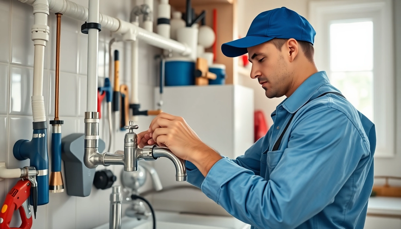 Find a reliable plumber near me fixing pipes in a bright home kitchen.