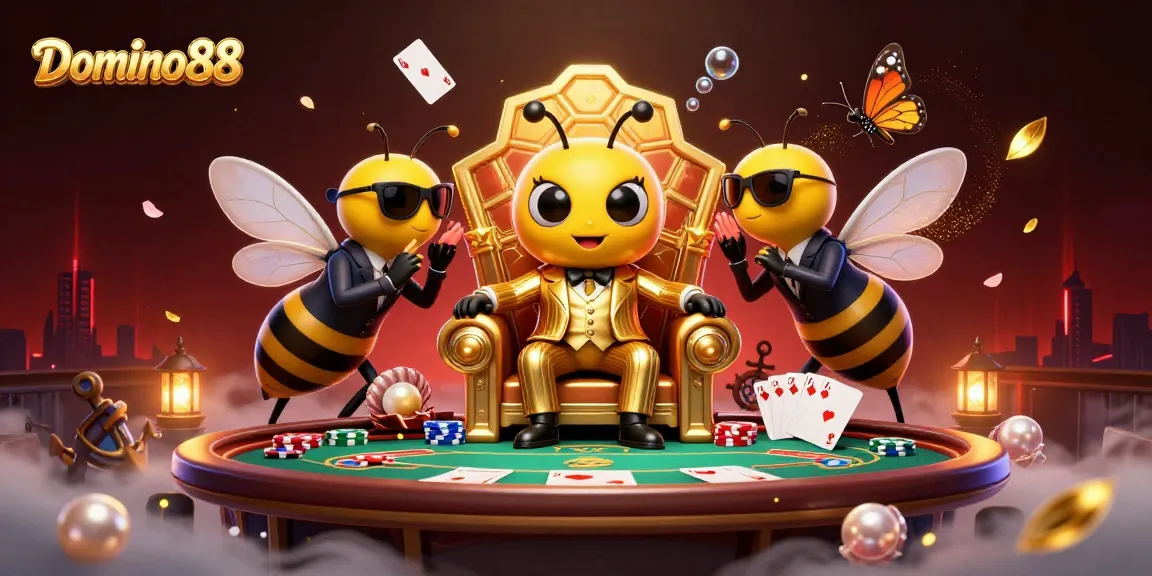 Experience the thrill of Domino88 poker with a vibrant casino scene featuring a bumblebee mob boss.