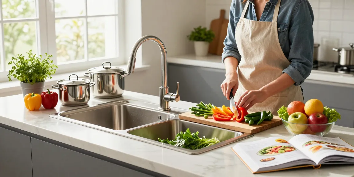 Stylish kitchen sink in stainless steel with home cook preparing fresh vegetables.