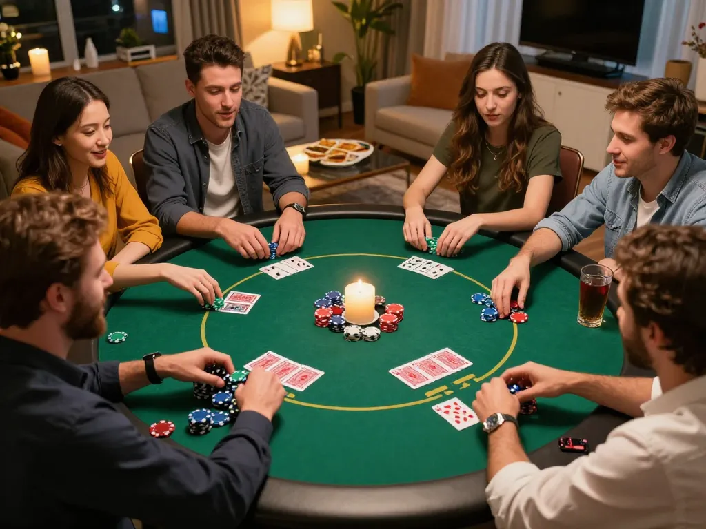 Players enjoying a lively poker game in their home, showcasing the NK88 casino experience of social gaming.