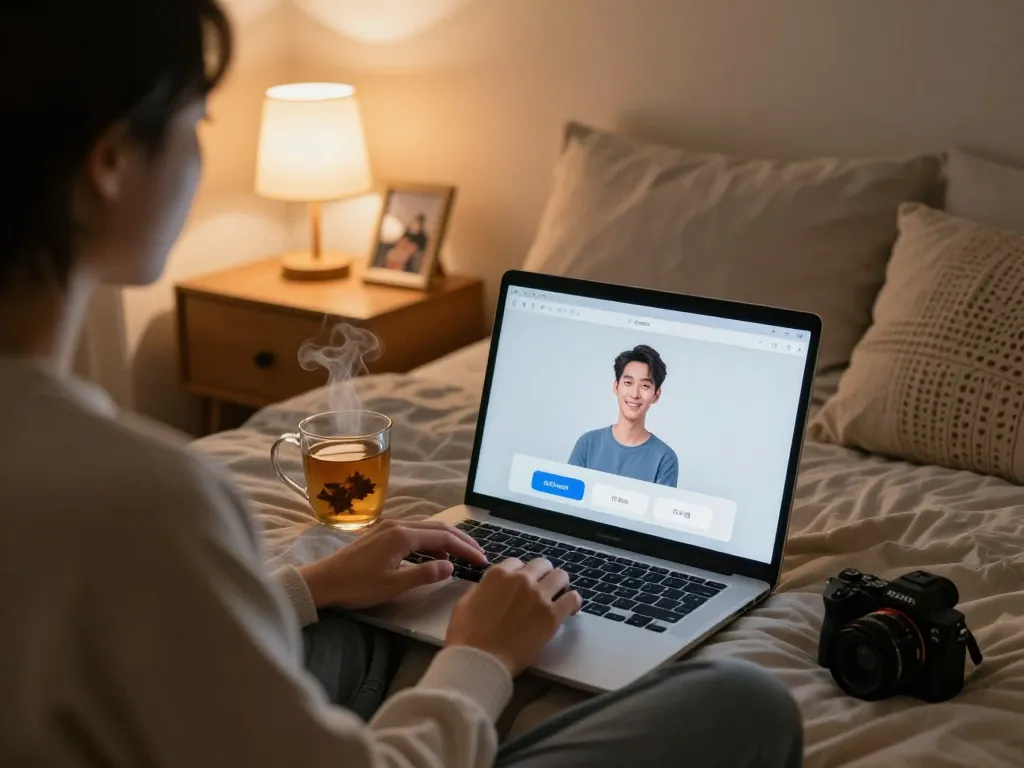 Engaging in free AI sex chat in a cozy bedroom with warm lighting and personal touches.