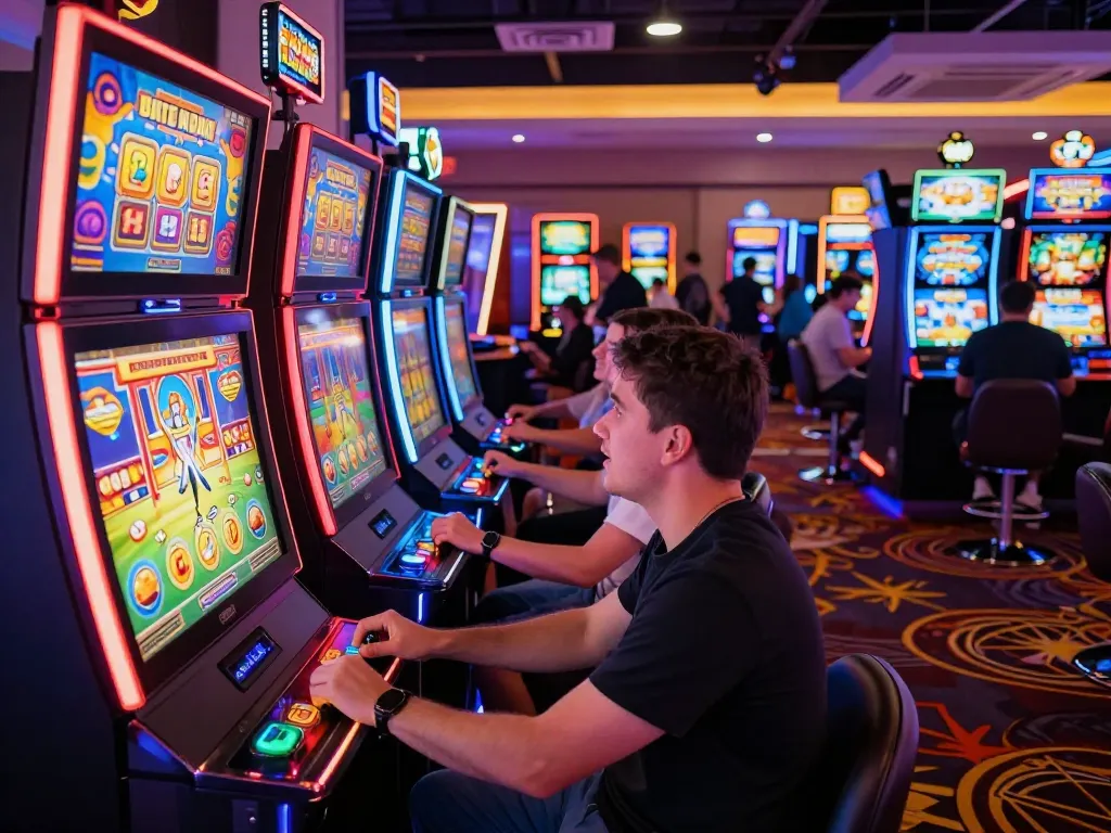 Engaged players spin colorful slot machines at https://fc88.today, showcasing lively casino atmosphere.