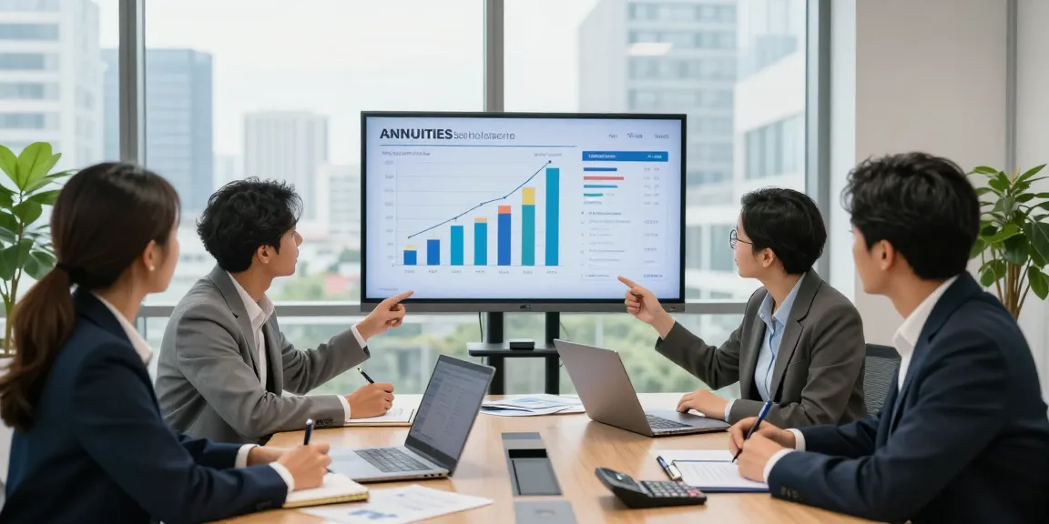 Annuities financial strategy meeting with diverse team discussing investment options.