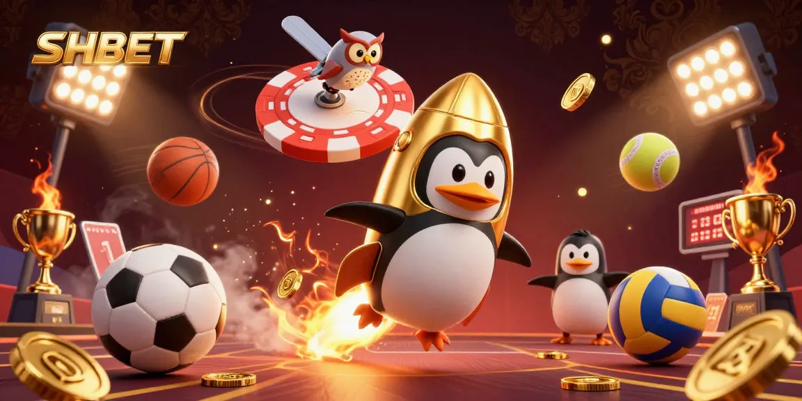 SHBET offers a thrilling experience with a rocket penguin and casino elements in space.