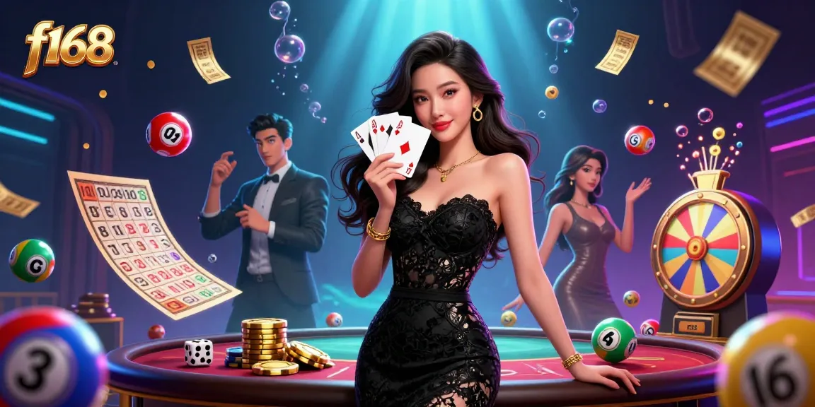 Experience thrilling gaming with f168, featuring a captivating Asian woman holding playing cards in a lively casino scene.